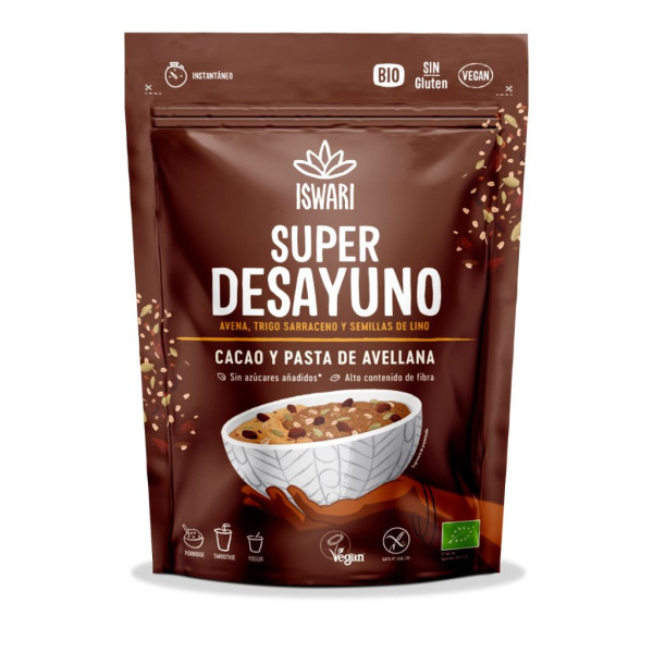 Súper Desayuno Cacao y Pasta de Avellana, Sin Gluten Bio Iswari